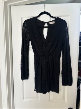Altar'd State Black Lace Long-Sleeve Romper with Keyhole Back